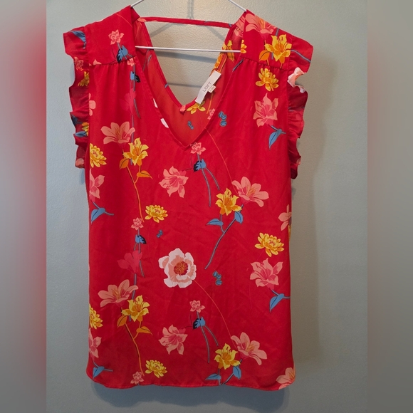 LOFT Red Floral Summer Blouse with Yellow Accents XL - Picture 2 of 4